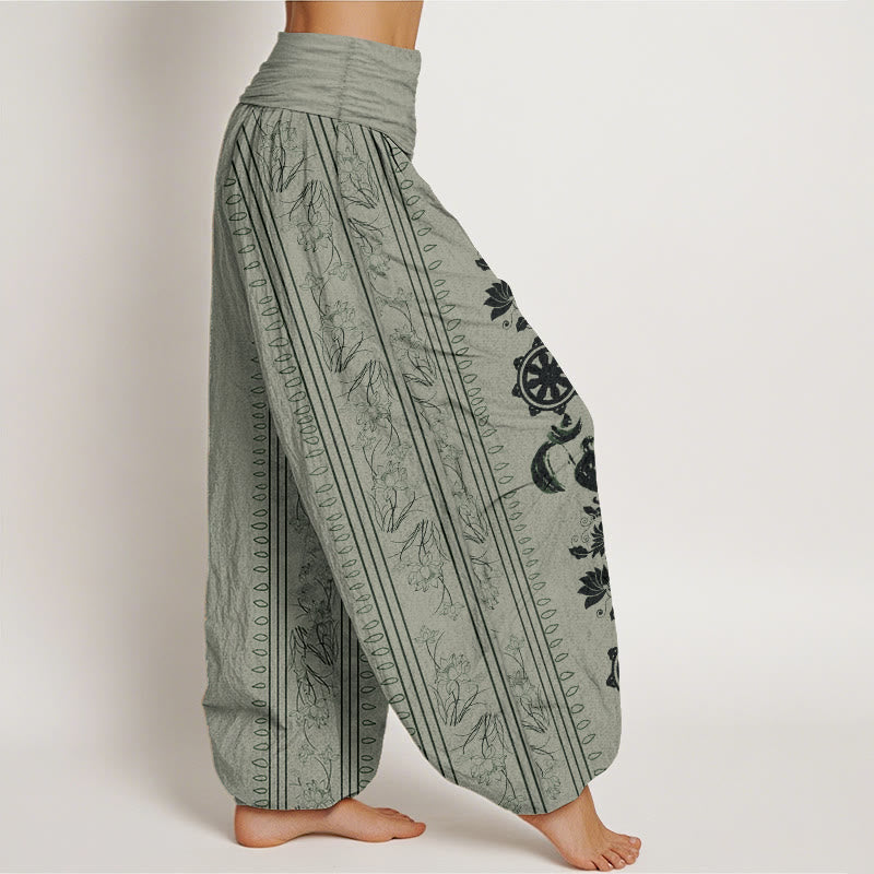Nimara Ritual Pure Cotton Dharma Wheel Lotus OM Pattern Women's Elastic Waist Harem Pants