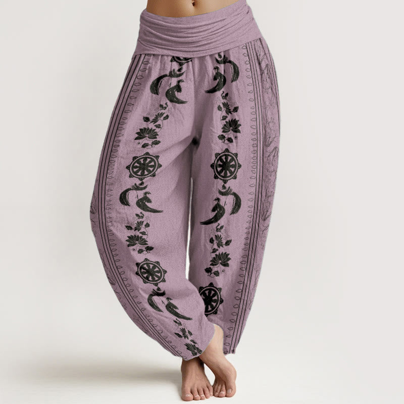 Nimara Ritual Pure Cotton Dharma Wheel Lotus OM Pattern Women's Elastic Waist Harem Pants