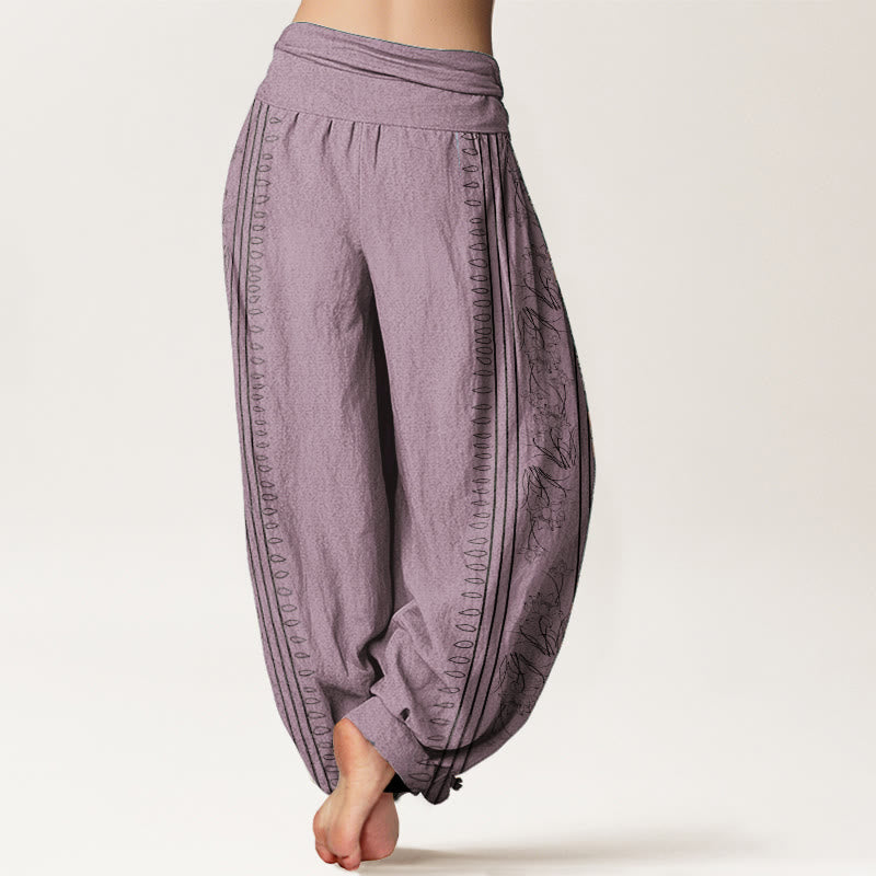 Nimara Ritual Pure Cotton Dharma Wheel Lotus OM Pattern Women's Elastic Waist Harem Pants