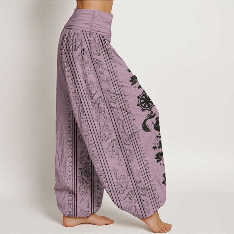 Nimara Ritual Pure Cotton Dharma Wheel Lotus OM Pattern Women's Elastic Waist Harem Pants