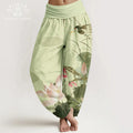 Nimara Ritual Cotton Pink Lotus Leaves Bird Pattern Women's Elastic Waist Harem Pants