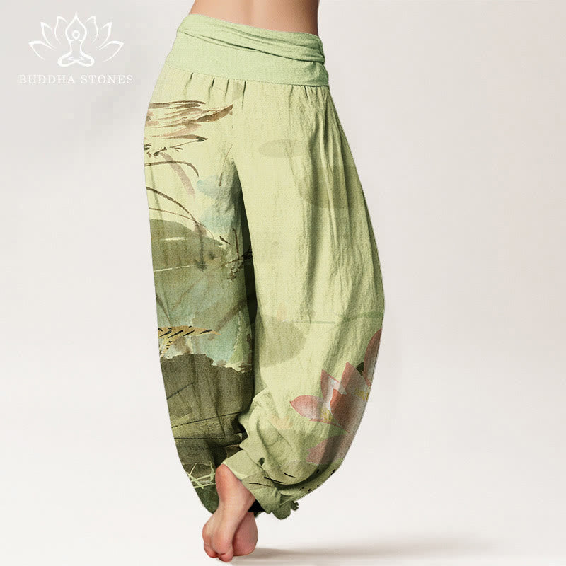 Nimara Ritual Cotton Pink Lotus Leaves Bird Pattern Women's Elastic Waist Harem Pants