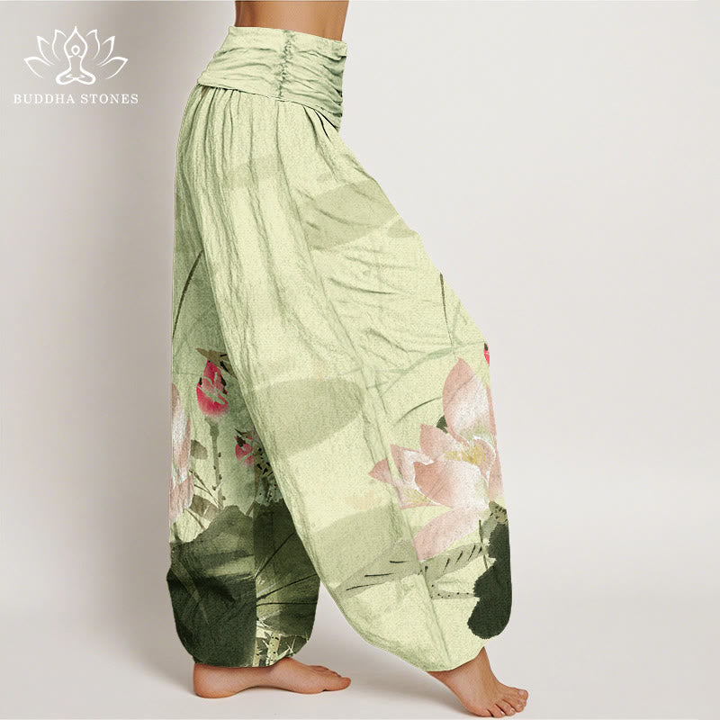 Nimara Ritual Cotton Pink Lotus Leaves Bird Pattern Women's Elastic Waist Harem Pants