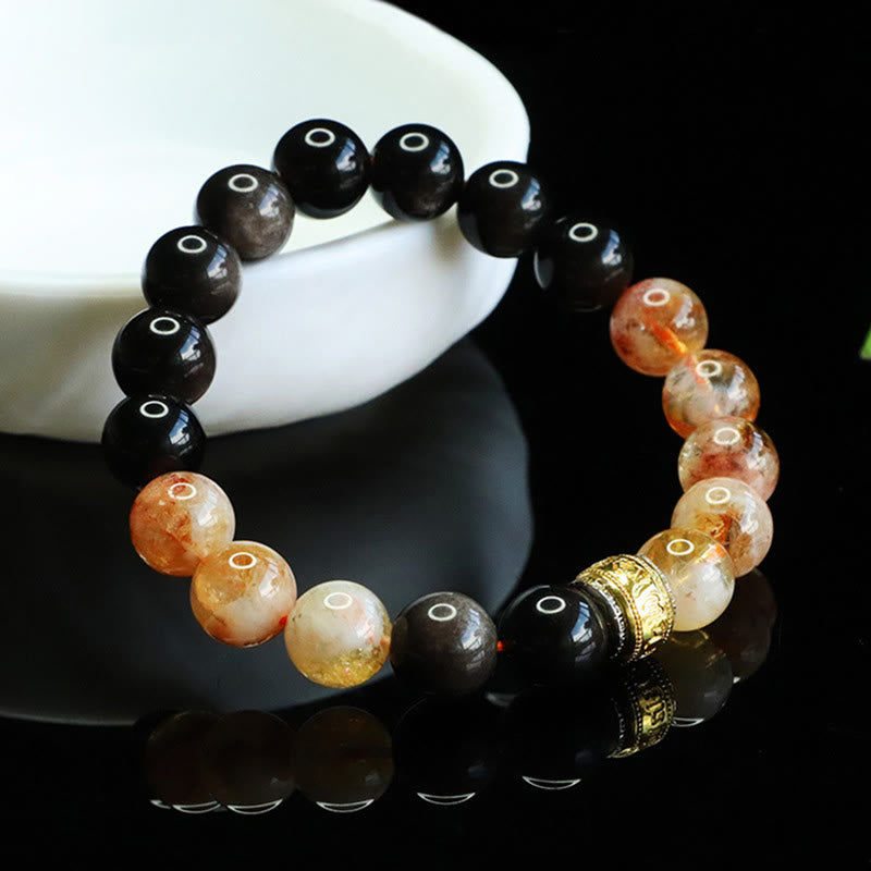 Nimara Ritual Om Mani Padme Hum Silver Sheen Obsidian Citrine Protection Bracelet