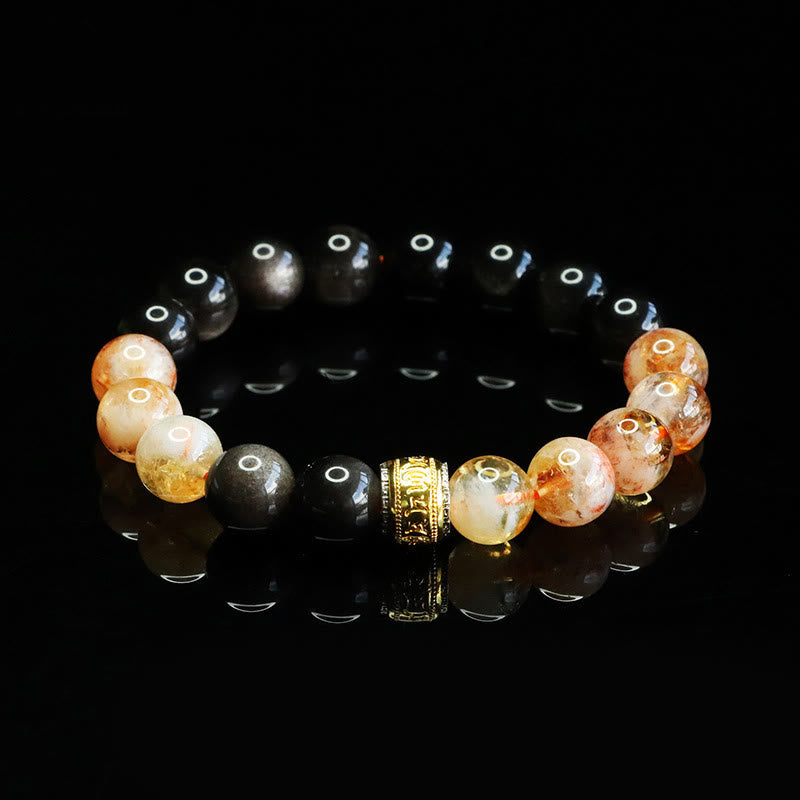 Nimara Ritual Om Mani Padme Hum Silver Sheen Obsidian Citrine Protection Bracelet