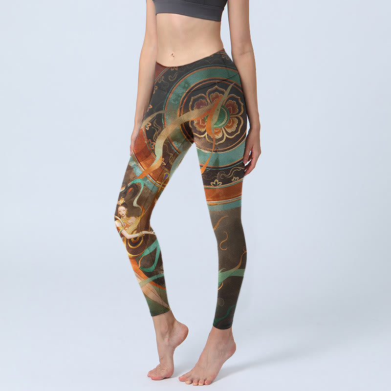 Nimara Ritual Colorful Fairy Lute Ribbon Flower Circle Pattern Print Gym Leggings Women's Yoga Pants