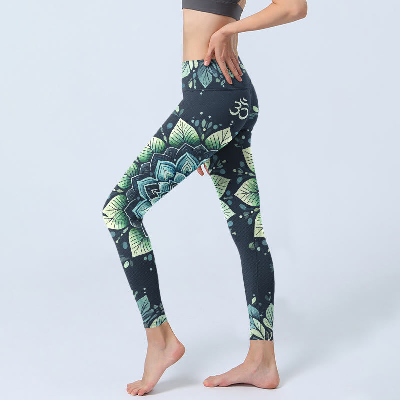 Nimara Ritual Symmetrical Om Symbol Flower Pattern Print Gym Leggings Women's Yoga Pants