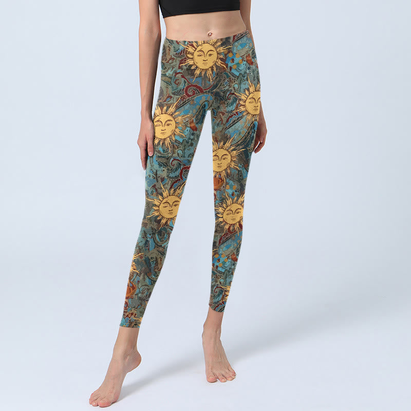 Nimara Ritual Golden Personified Sun Pattern Print Gym Leggings Women's Yoga Pants
