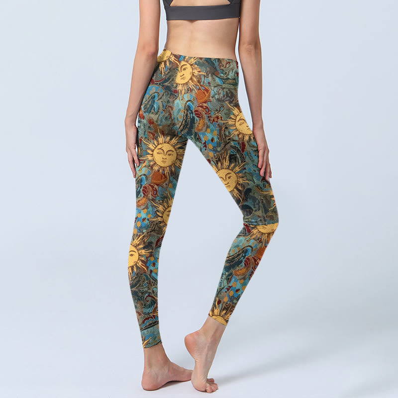 Nimara Ritual Golden Personified Sun Pattern Print Gym Leggings Women's Yoga Pants