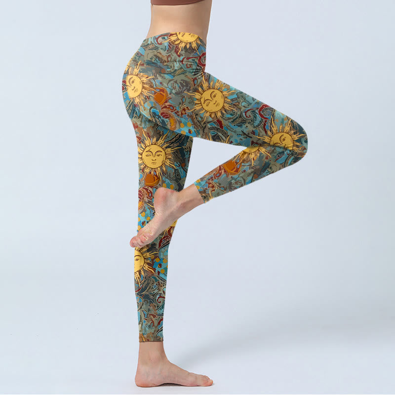 Nimara Ritual Golden Personified Sun Pattern Print Gym Leggings Women's Yoga Pants