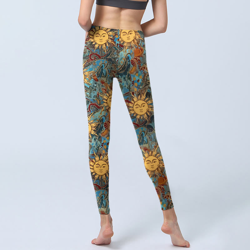 Nimara Ritual Golden Personified Sun Pattern Print Gym Leggings Women's Yoga Pants