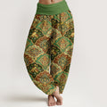 Nimara Ritual Cotton Repetitive Fan Shape Flowers Leaves Pattern Women's Elastic Waist Harem Pants
