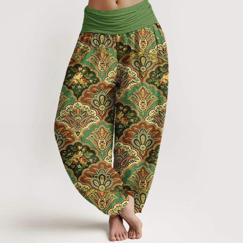 Nimara Ritual Cotton Repetitive Fan Shape Flowers Leaves Pattern Women's Elastic Waist Harem Pants