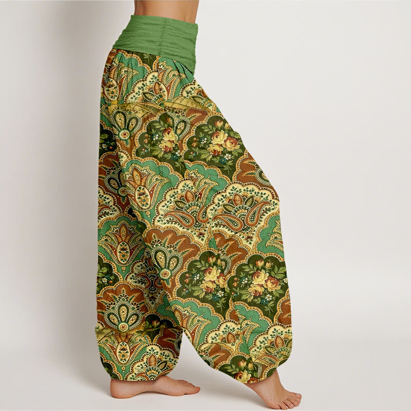 Nimara Ritual Cotton Repetitive Fan Shape Flowers Leaves Pattern Women's Elastic Waist Harem Pants