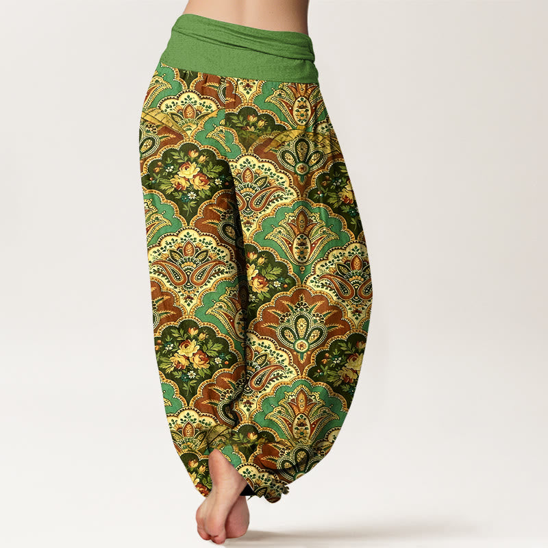 Nimara Ritual Cotton Repetitive Fan Shape Flowers Leaves Pattern Women's Elastic Waist Harem Pants