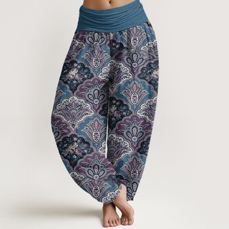 Nimara Ritual Cotton Repetitive Fan Shape Flowers Leaves Pattern Women's Elastic Waist Harem Pants