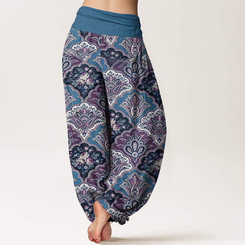 Nimara Ritual Cotton Repetitive Fan Shape Flowers Leaves Pattern Women's Elastic Waist Harem Pants