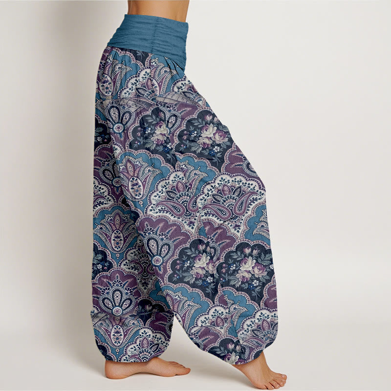 Nimara Ritual Cotton Repetitive Fan Shape Flowers Leaves Pattern Women's Elastic Waist Harem Pants