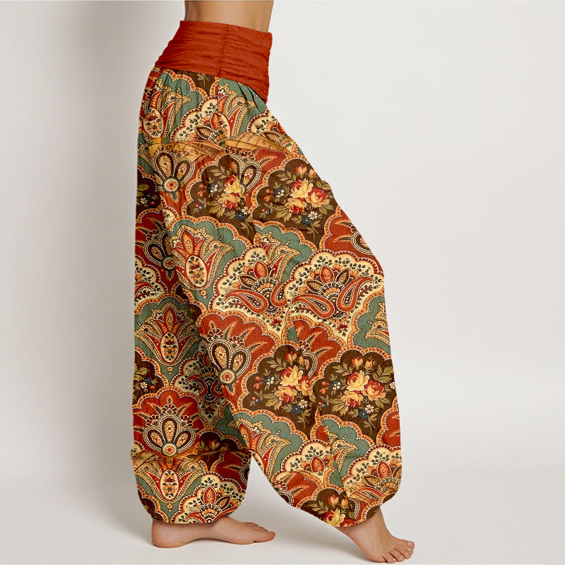 Nimara Ritual Cotton Repetitive Fan Shape Flowers Leaves Pattern Women's Elastic Waist Harem Pants