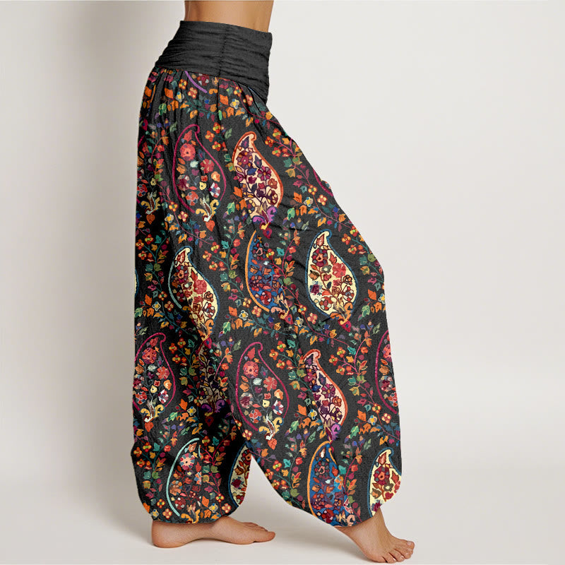 Nimara Ritual Cotton Brightly Colored Retro Flowers Leaves Pattern Women's Elastic Waist Harem Pants