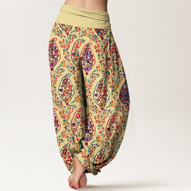 Nimara Ritual Cotton Brightly Colored Retro Flowers Leaves Pattern Women's Elastic Waist Harem Pants
