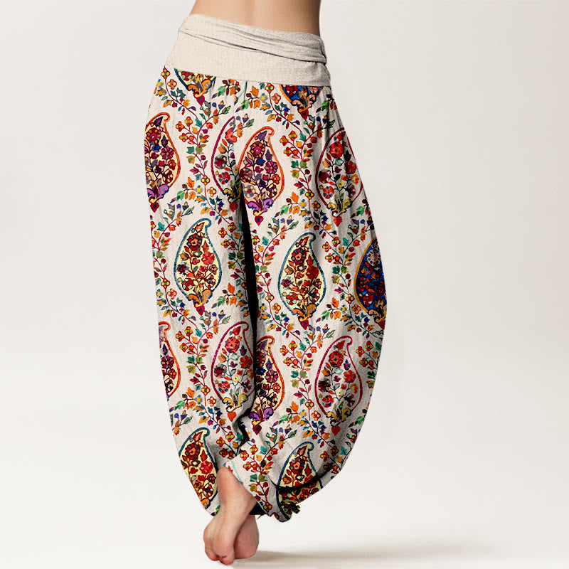 Nimara Ritual Cotton Brightly Colored Retro Flowers Leaves Pattern Women's Elastic Waist Harem Pants