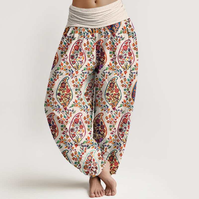 Nimara Ritual Cotton Brightly Colored Retro Flowers Leaves Pattern Women's Elastic Waist Harem Pants