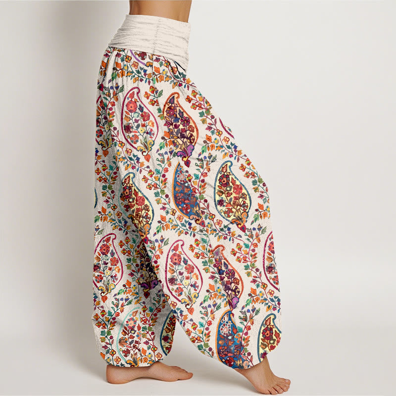 Nimara Ritual Cotton Brightly Colored Retro Flowers Leaves Pattern Women's Elastic Waist Harem Pants
