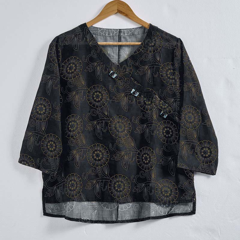 Nimara Ritual Spring V-Neck Printed Floral Pattern Women's Long Sleeve Shirt