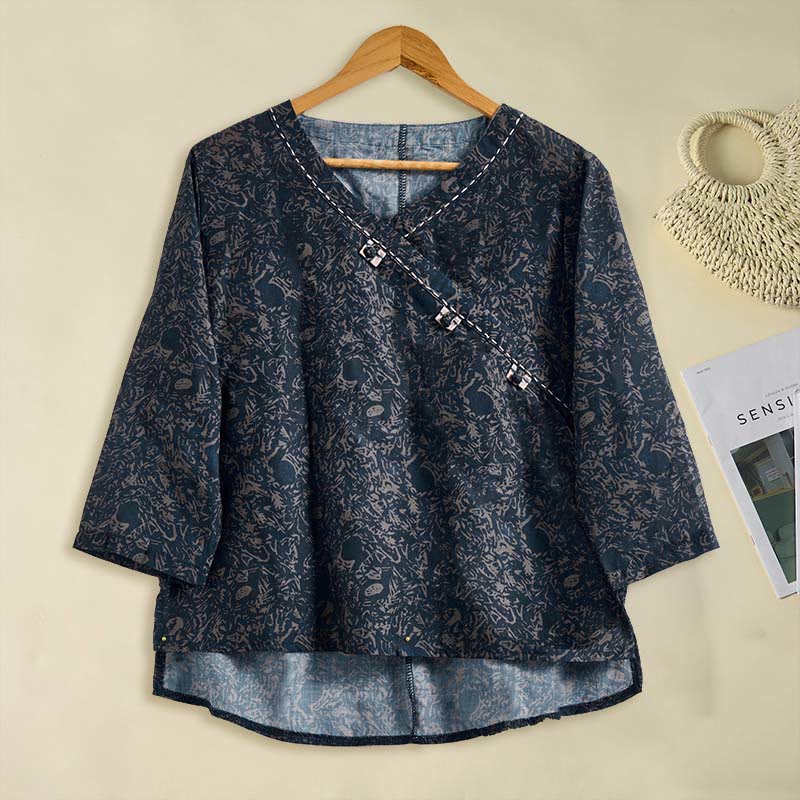 Nimara Ritual Spring V-Neck Printed Floral Pattern Women's Long Sleeve Shirt