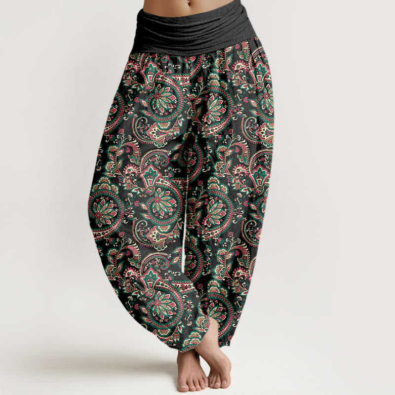Nimara Ritual Cotton Retro Complex Flowers Leaves Vine Pattern Women's Elastic Waist Harem Pants