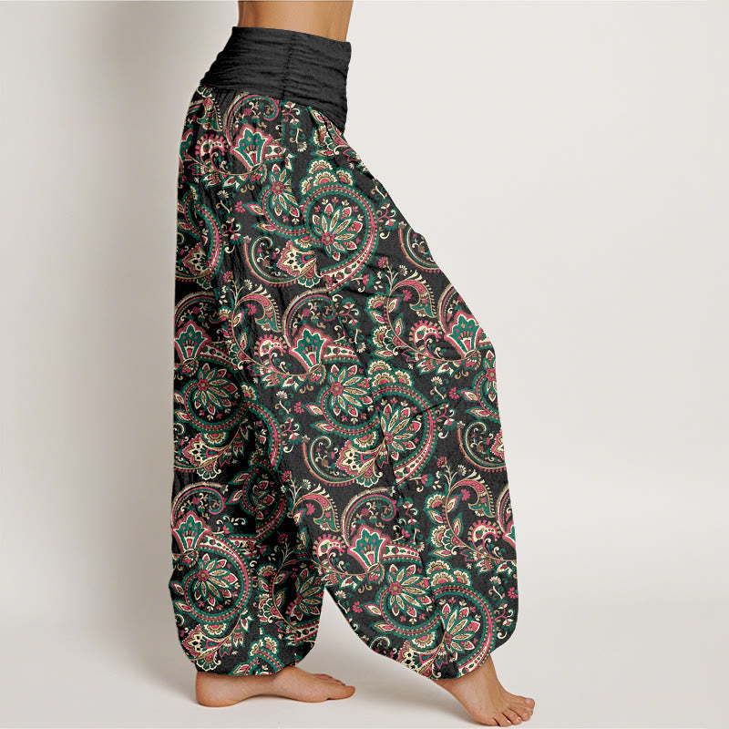 Nimara Ritual Cotton Retro Complex Flowers Leaves Vine Pattern Women's Elastic Waist Harem Pants