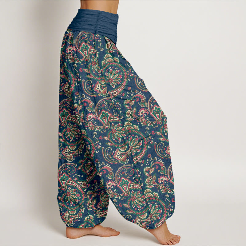 Nimara Ritual Cotton Retro Complex Flowers Leaves Vine Pattern Women's Elastic Waist Harem Pants