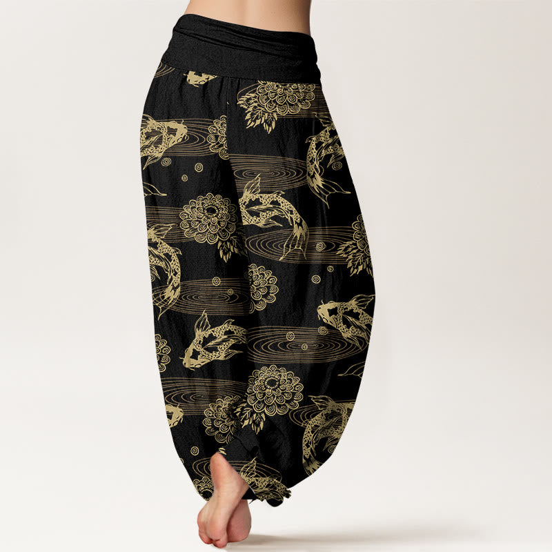 Nimara Ritual Cotton Exquisite Koi Fish Flowers Leaves Curve Pattern Women's Elastic Waist Harem Pants