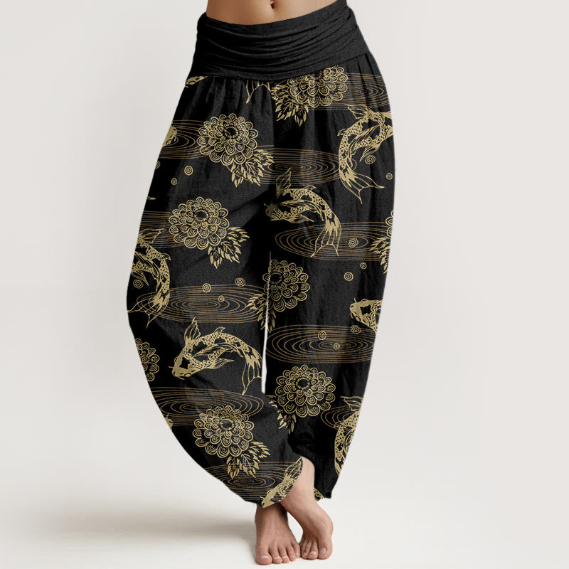 Nimara Ritual Cotton Exquisite Koi Fish Flowers Leaves Curve Pattern Women's Elastic Waist Harem Pants