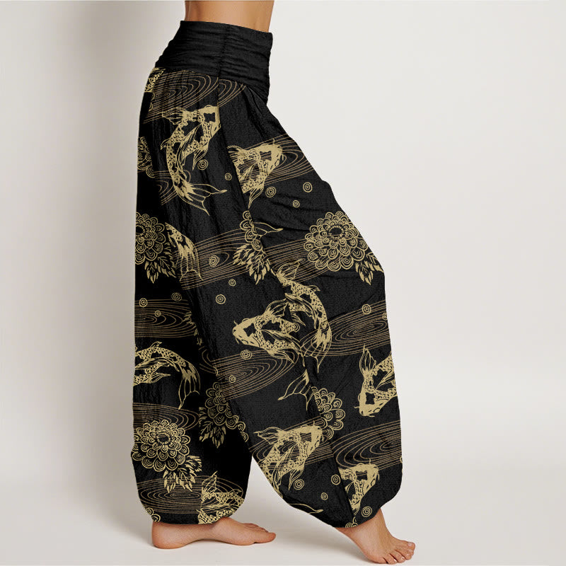 Nimara Ritual Cotton Exquisite Koi Fish Flowers Leaves Curve Pattern Women's Elastic Waist Harem Pants