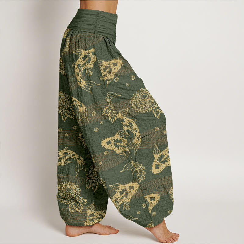 Nimara Ritual Cotton Exquisite Koi Fish Flowers Leaves Curve Pattern Women's Elastic Waist Harem Pants
