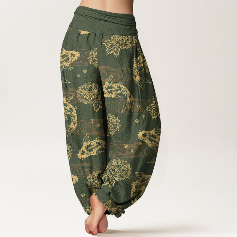 Nimara Ritual Cotton Exquisite Koi Fish Flowers Leaves Curve Pattern Women's Elastic Waist Harem Pants