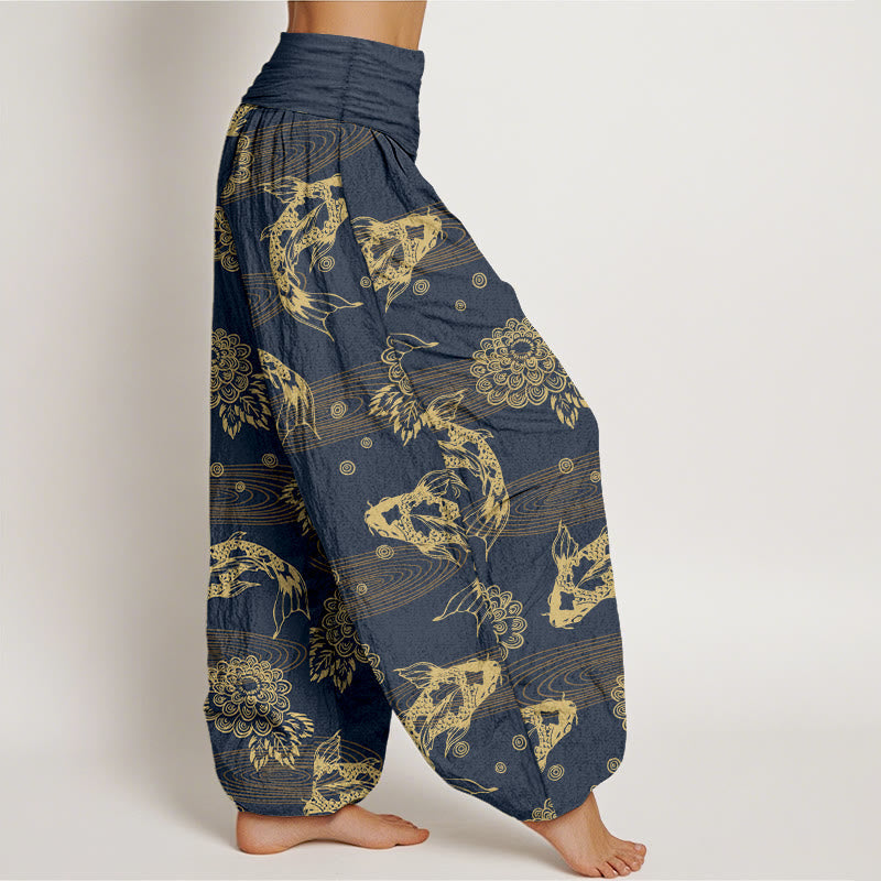 Nimara Ritual Cotton Exquisite Koi Fish Flowers Leaves Curve Pattern Women's Elastic Waist Harem Pants