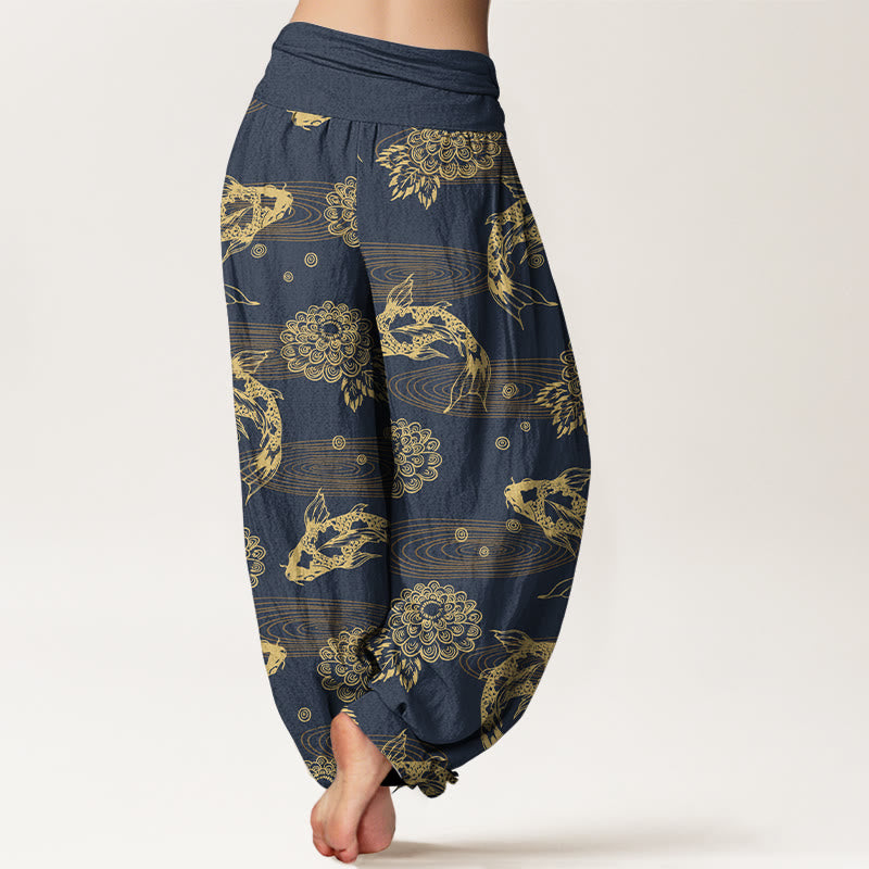 Nimara Ritual Cotton Exquisite Koi Fish Flowers Leaves Curve Pattern Women's Elastic Waist Harem Pants