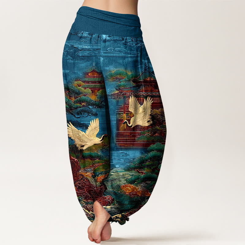 Nimara Ritual Cotton Exquisite Crane Architecture Pine Tree Cloud Pattern Women's Elastic Waist Harem Pants