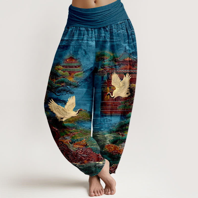Nimara Ritual Cotton Exquisite Crane Architecture Pine Tree Cloud Pattern Women's Elastic Waist Harem Pants