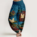 Nimara Ritual Cotton Exquisite Crane Architecture Pine Tree Cloud Pattern Women's Elastic Waist Harem Pants