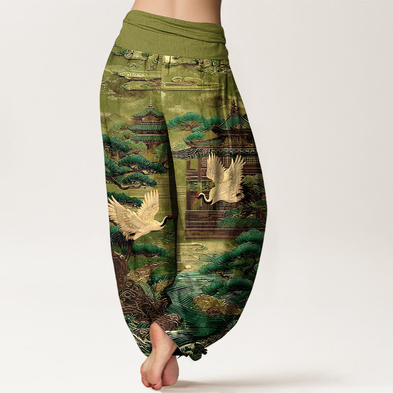 Nimara Ritual Cotton Exquisite Crane Architecture Pine Tree Cloud Pattern Women's Elastic Waist Harem Pants