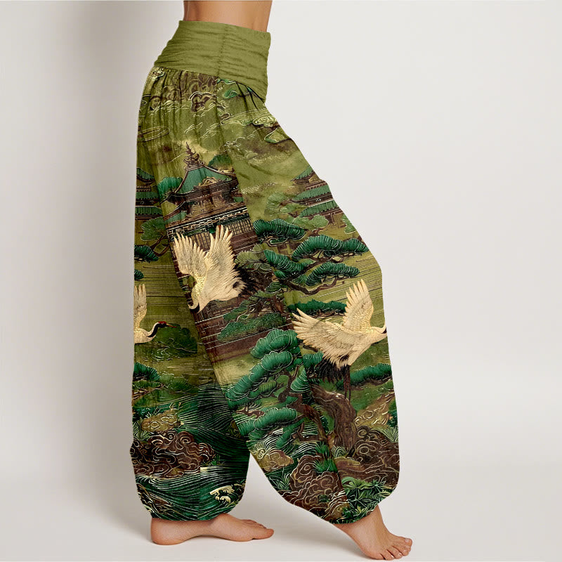 Nimara Ritual Cotton Exquisite Crane Architecture Pine Tree Cloud Pattern Women's Elastic Waist Harem Pants