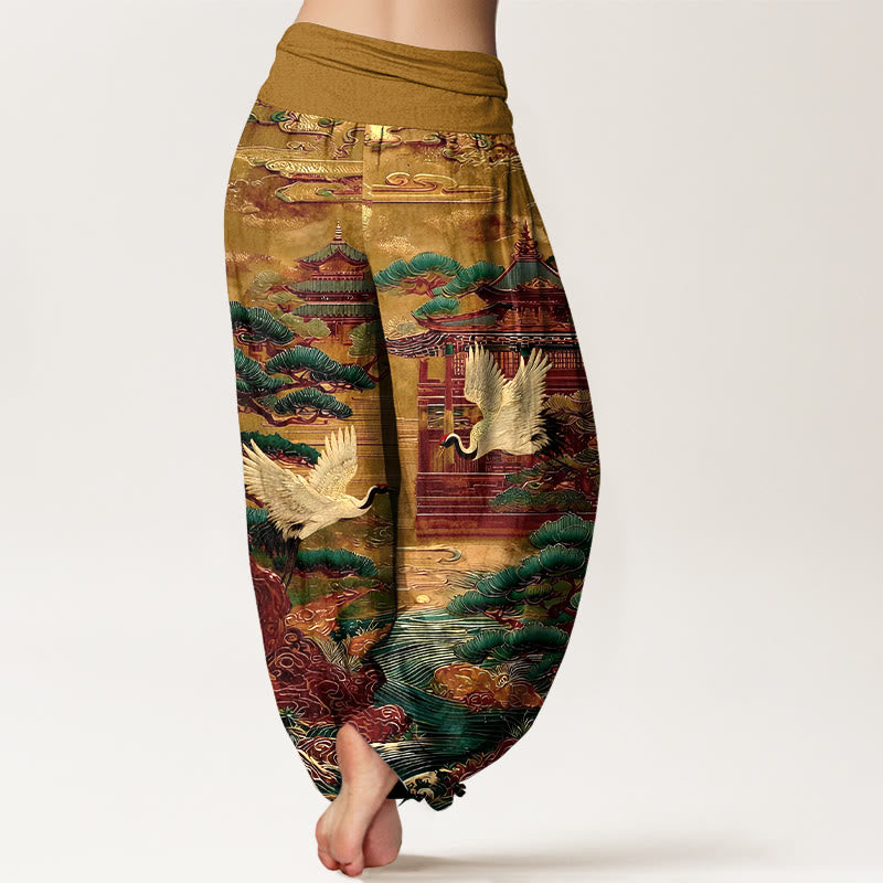 Nimara Ritual Cotton Exquisite Crane Architecture Pine Tree Cloud Pattern Women's Elastic Waist Harem Pants
