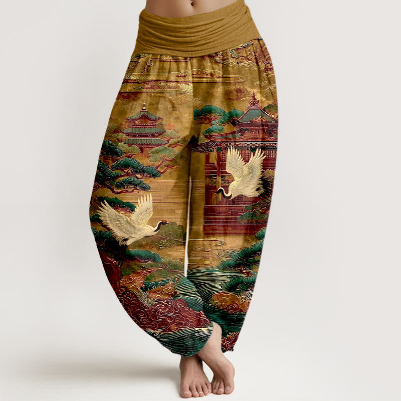 Nimara Ritual Cotton Exquisite Crane Architecture Pine Tree Cloud Pattern Women's Elastic Waist Harem Pants