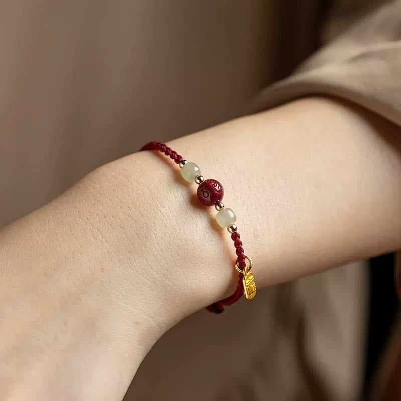 Nimara Ritual Fu Character Hetian Jade Bead Om Mani Padme Hum Cinnabar Red String Prosperity Bracelet