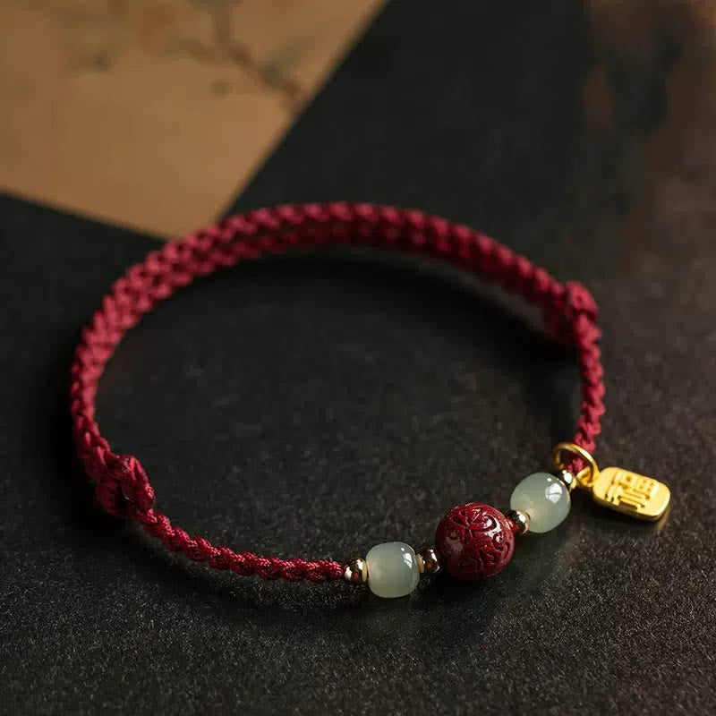 Nimara Ritual Fu Character Hetian Jade Bead Om Mani Padme Hum Cinnabar Red String Prosperity Bracelet