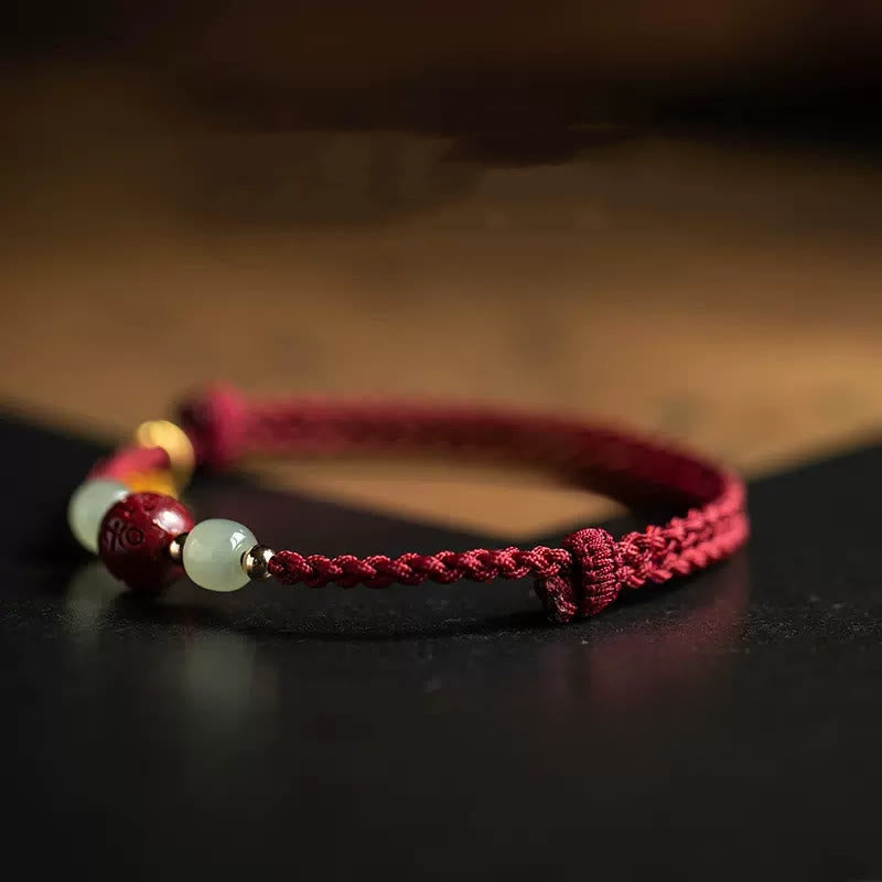 Nimara Ritual Fu Character Hetian Jade Bead Om Mani Padme Hum Cinnabar Red String Prosperity Bracelet